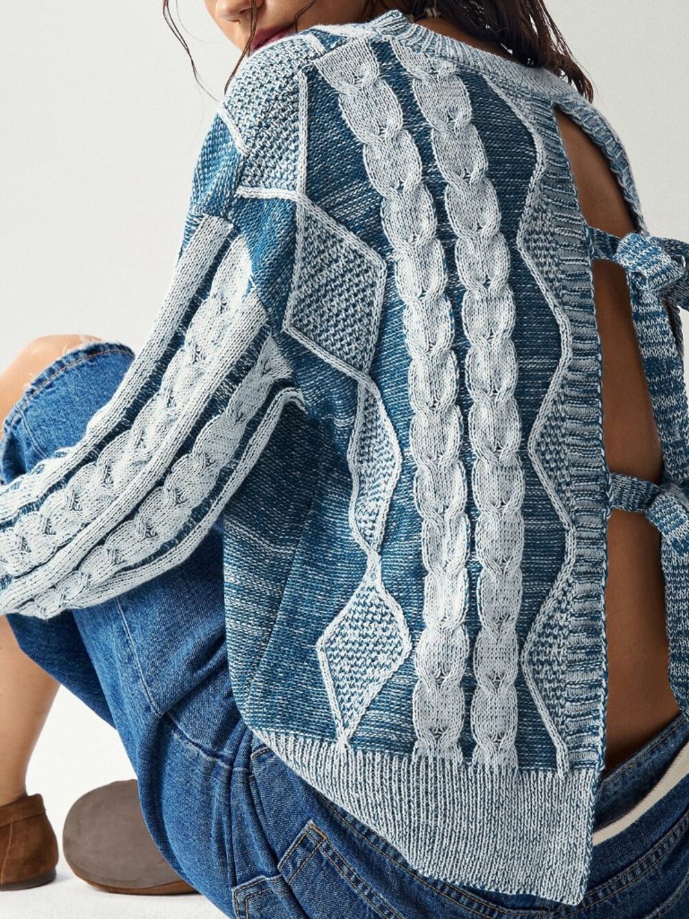 Blue Casual Women's Argyle Cable Knit Lazy Long Sleeve Sweater - Picture 3 of 6